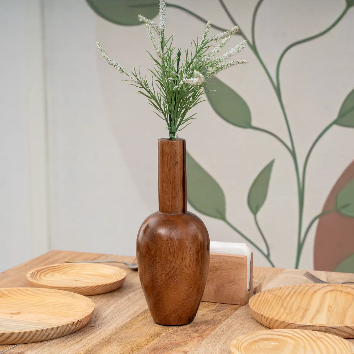 Artisano Small Bottle Neck Brown Wooden Table Vase.