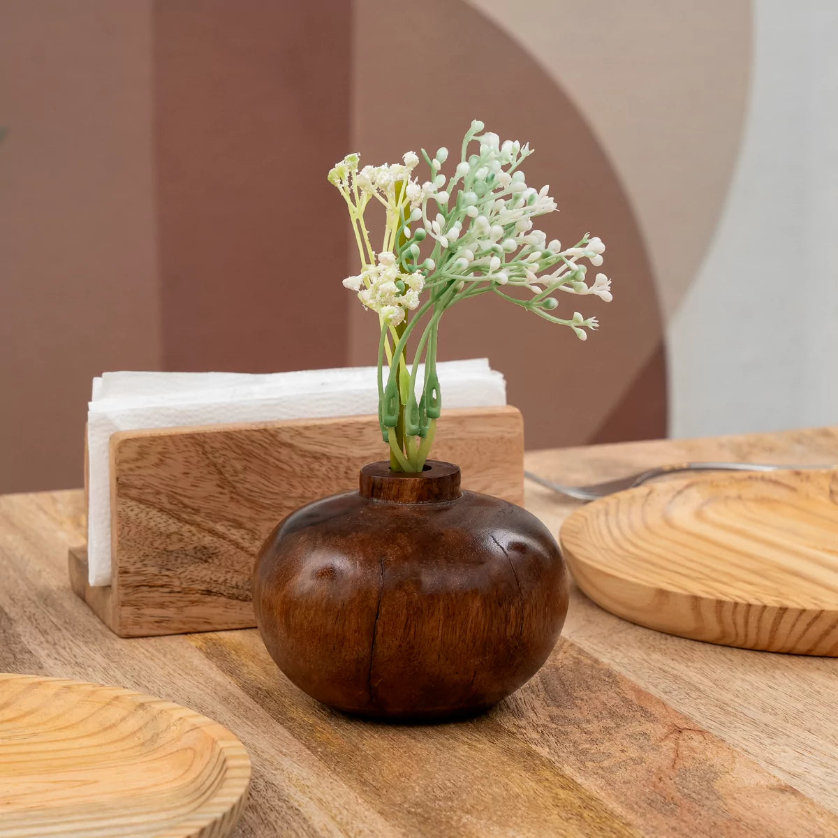 Botanica Handrafted Small Round Wooden Vase Centerpiece.