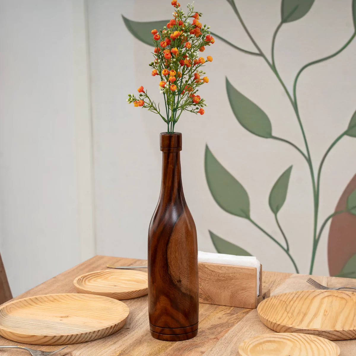 Decorative Bottle-Shaped Tall Brown Wooden Table Vase.