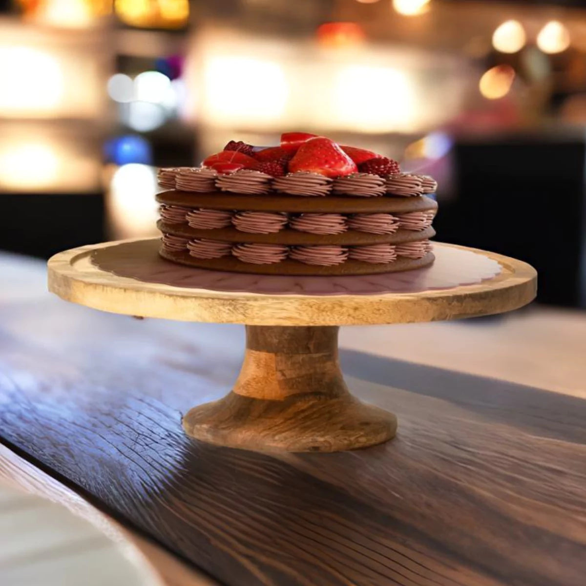 Dessora Round Wooden Cake Stand with Pedestal Base.