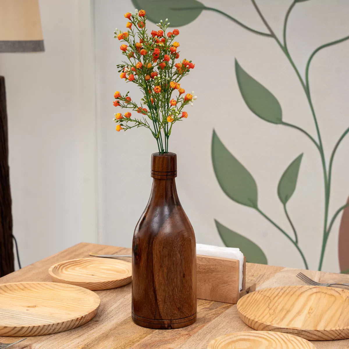 GrainFlow Small Bottle-Shaped Brown Wooden Vase.