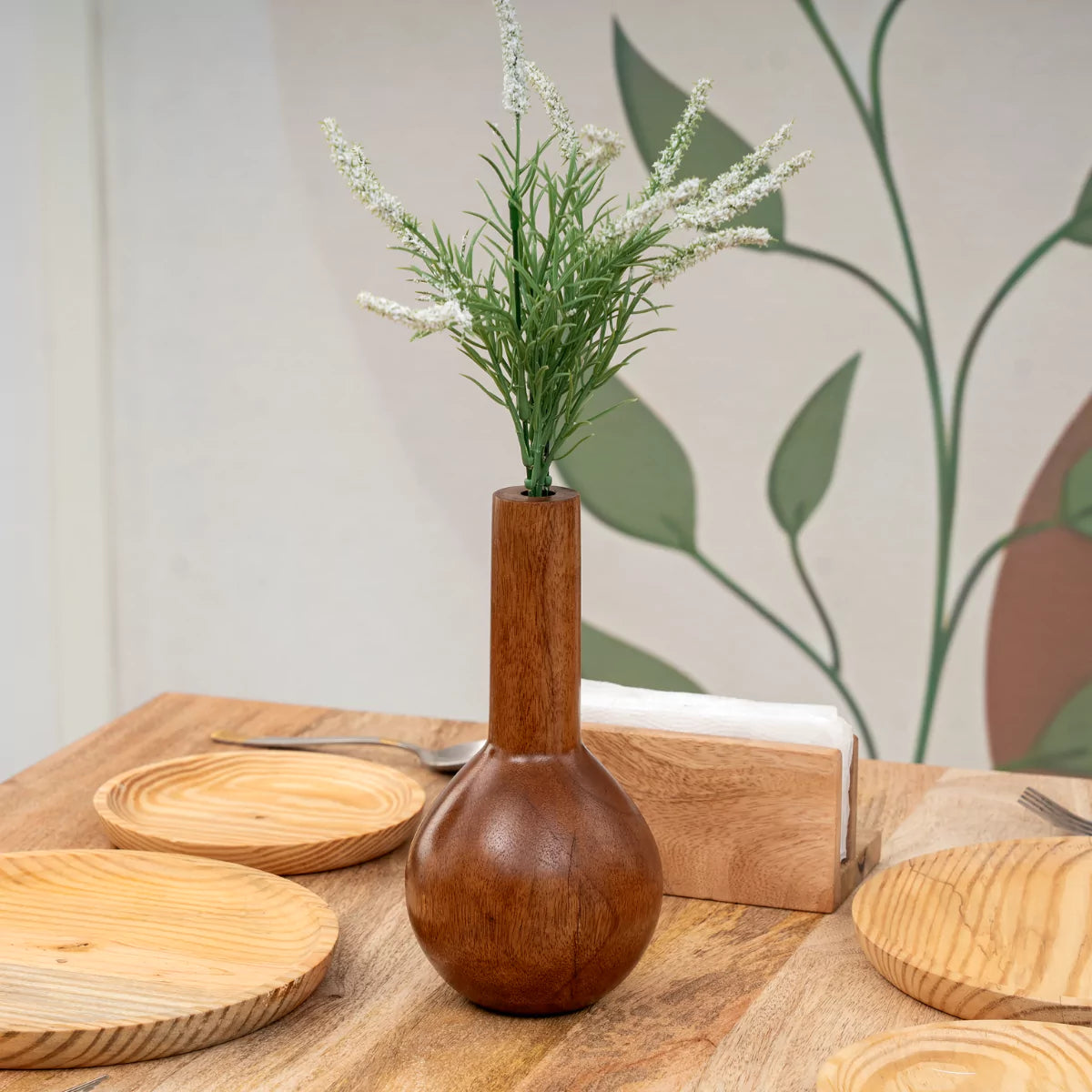 Modern Small Rounded Base Brown Wooden Table Vase.