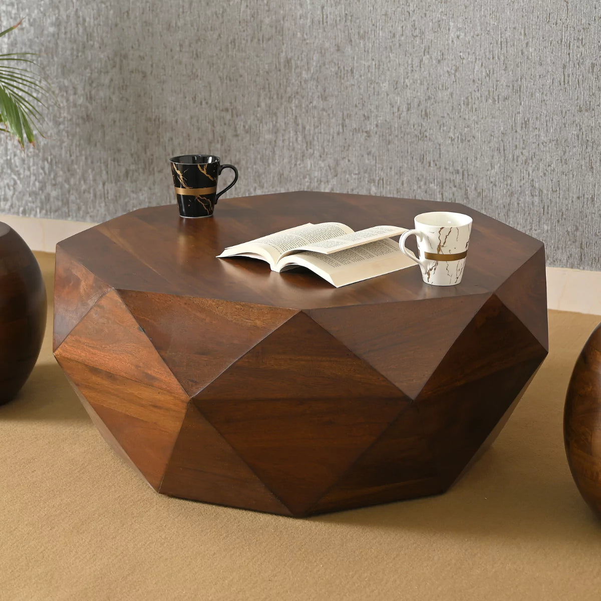 Prismora Solid Wood Modern Round Geometric Coffee Table