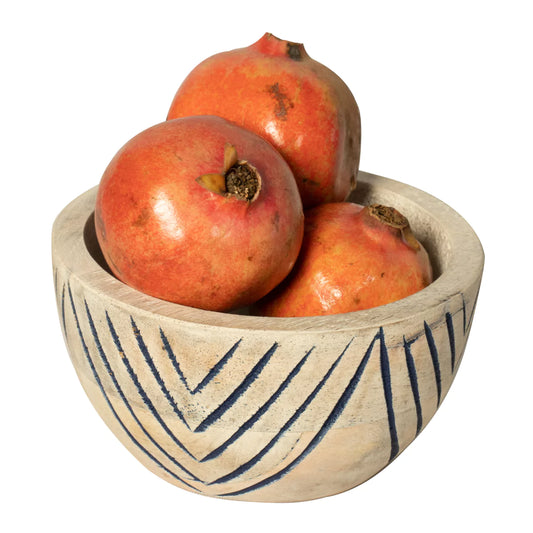 Qivra Wooden Handcrafted Fruit Bowl with Tribal Pattern.