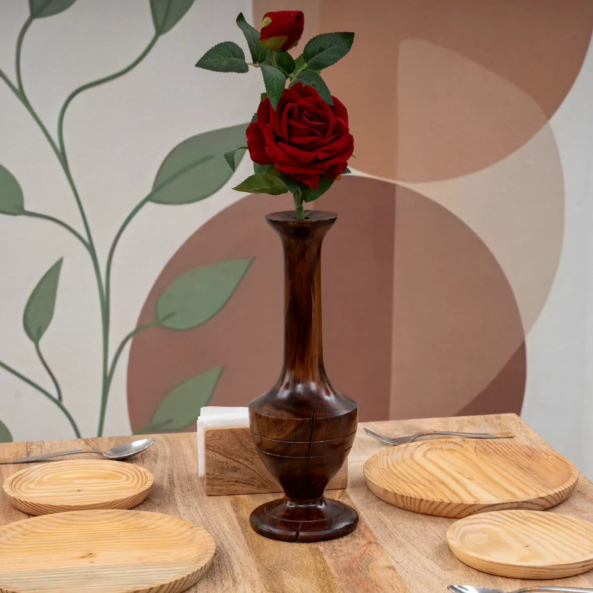 Tapered Style Small Pedestal Brown Wooden Vase for Table.